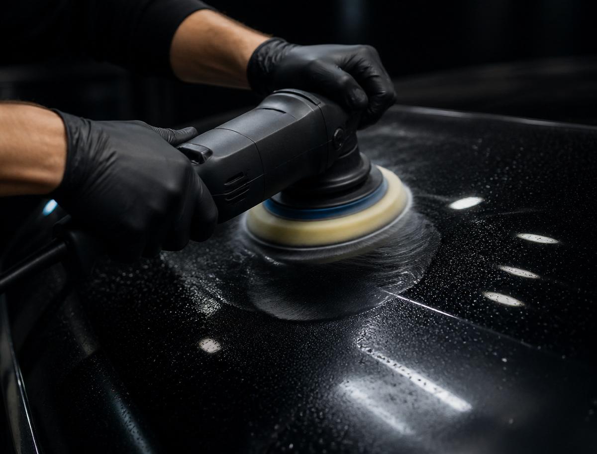 Detailer polishing a glossy black hood