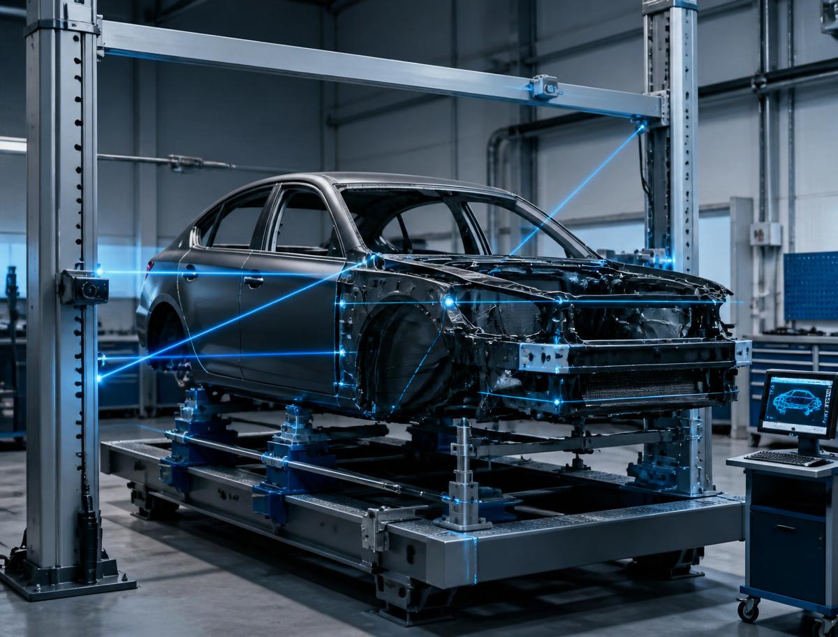 Computerized frame alignment machine measuring a chassis
