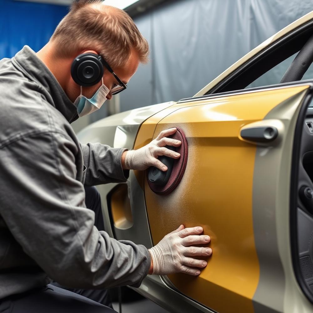 Technician prepping a car door panel