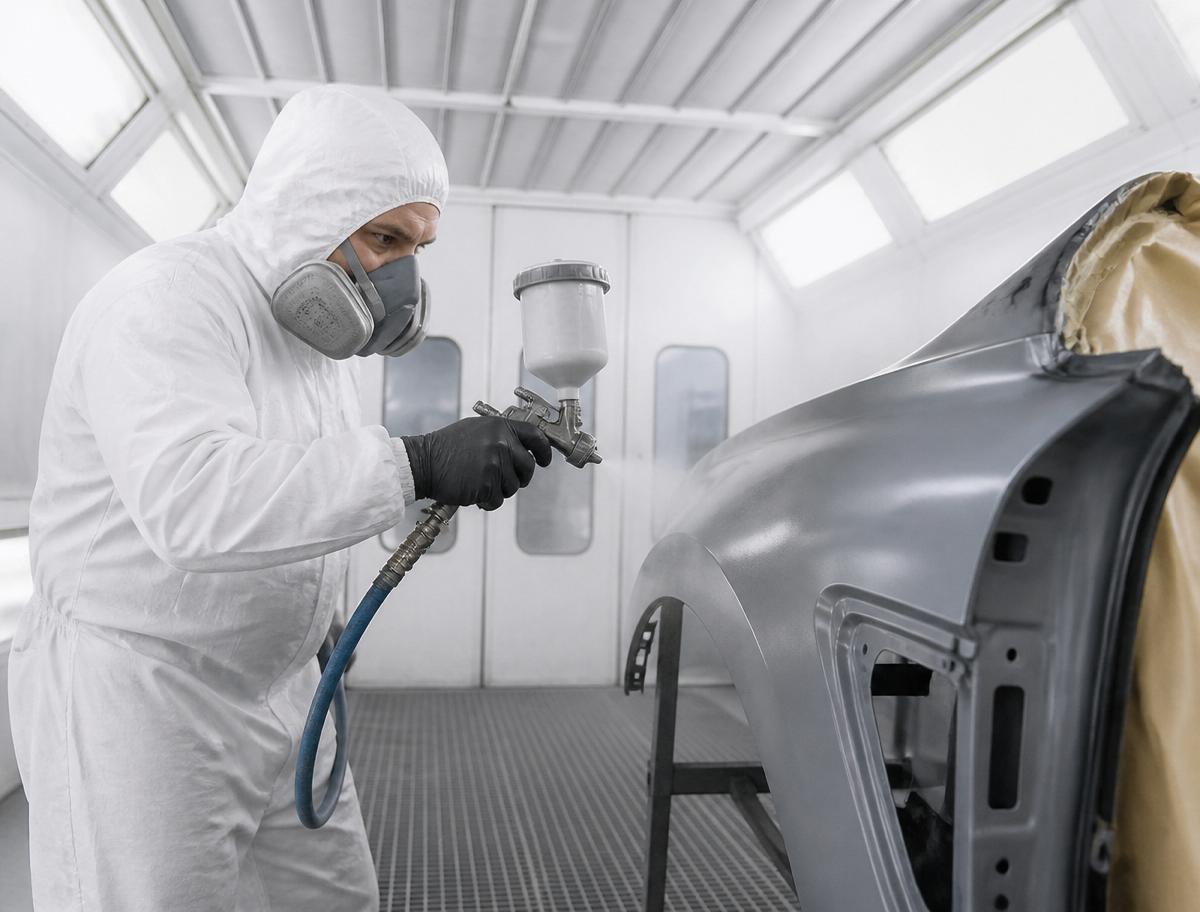 Luxury car being spray painted in the booth