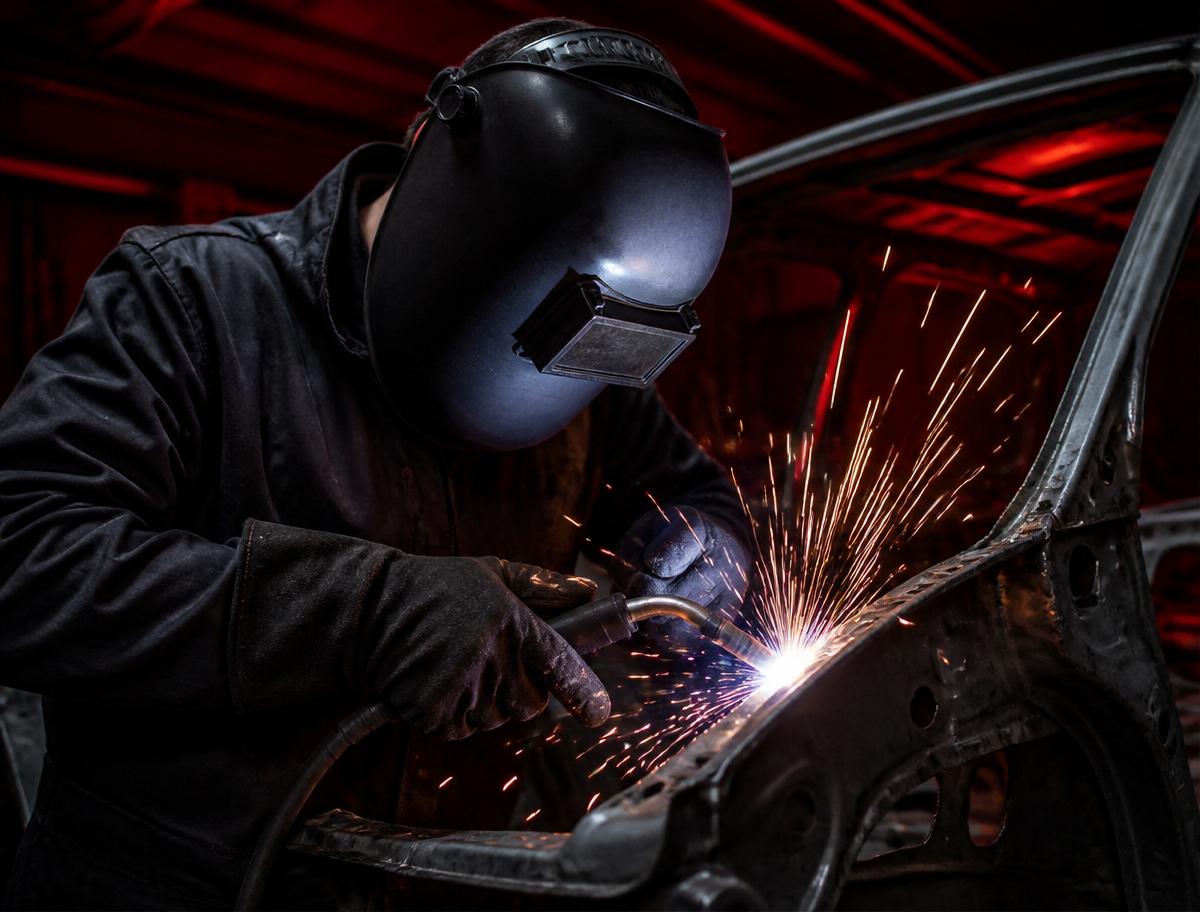 Technician welding a car frame with sparks